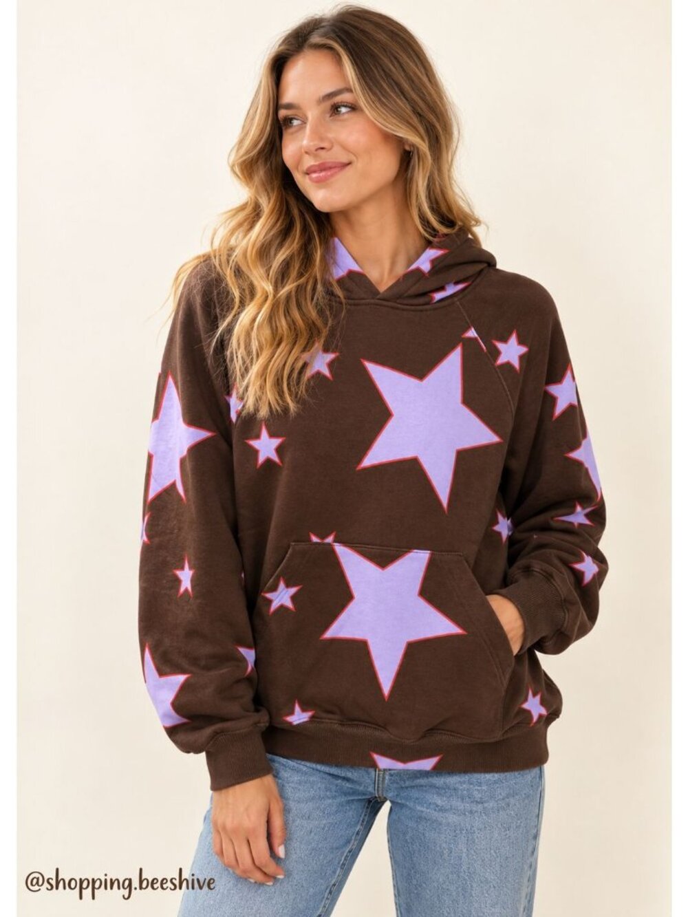 Praying Brown Lavender Star Print Hoodie Pullover Size XS NWT